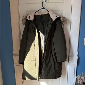 Lane Bryant Dark Green Puffer Jacket with Faux Fur Hood